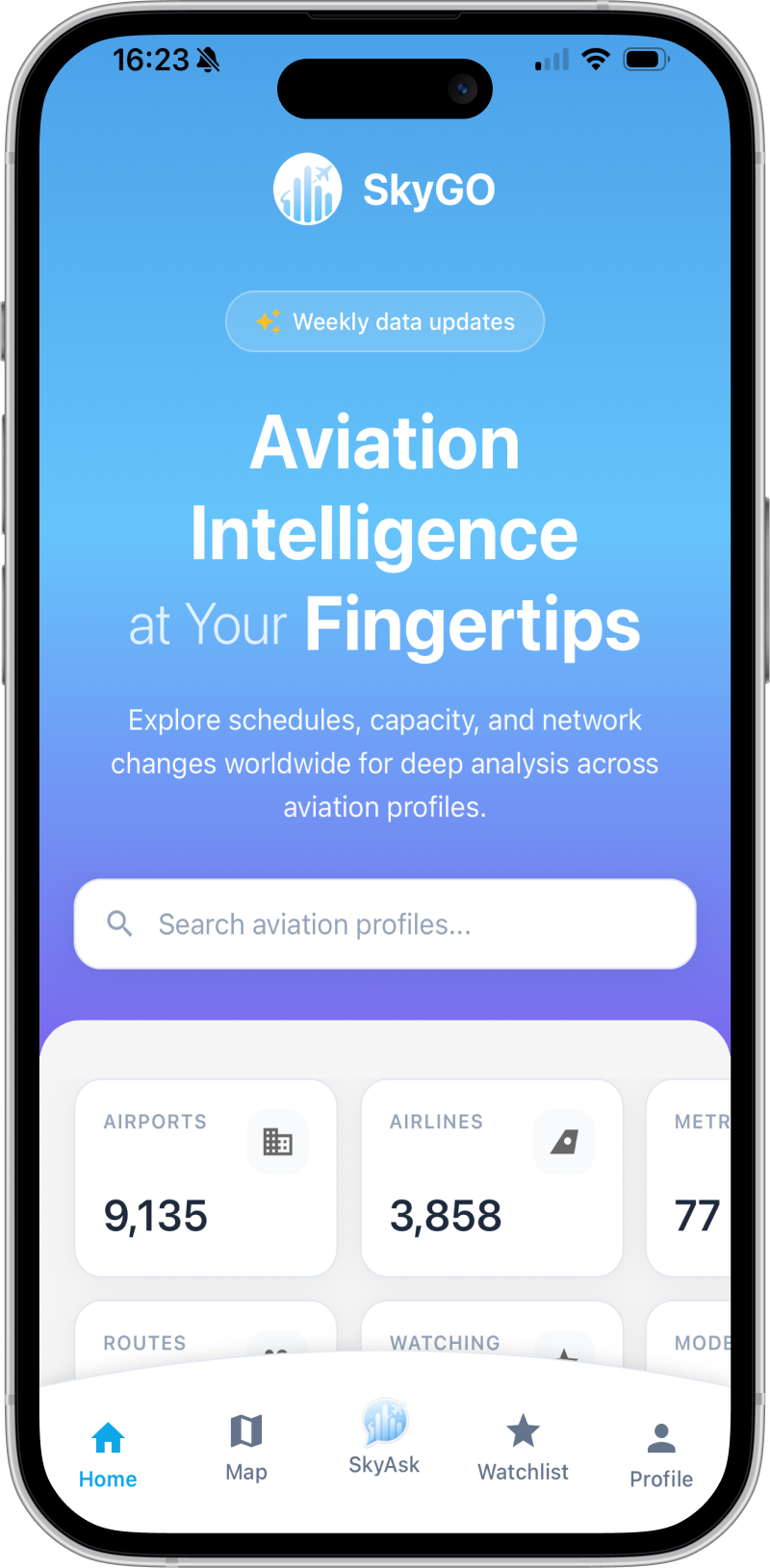 SkyGo mobile app home screen